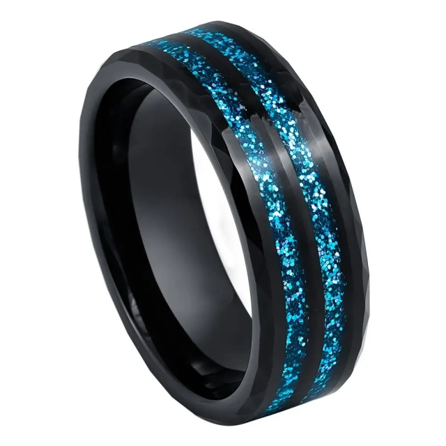 Luxury Hammerd 8mm Men's Tungsten Ring Fire Opal Inlay Black Plated Wedding Band Engagement Rings