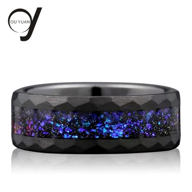 Latest Wedding Ring Hammered Black Tungsten Ring Design Male Boy with Fire Blue Opal