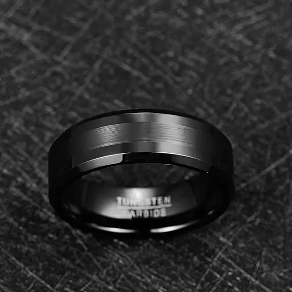 8MM Fashion Jewelry Silver Brushed Finish and Black Center Beveled Edge Wedding Rings Men Tungsten Rings Gift