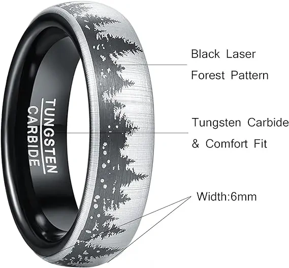 Silver Black Mens Lasered Forest Land Pattern Mountains Trees Matte Finish Wedding Rings Tungsten Rings Fashion Jewelry