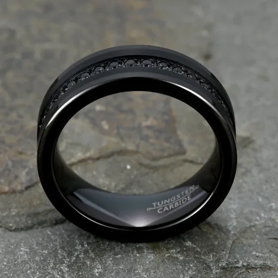 8mm Black Tungsten Ring for Men Women Engagement Promise Wedding Diamonds Band Princess Cz Stone Inlay Comfort Fit