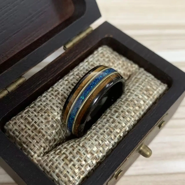 Ouyuan Wholesale 8mm Gunmetal Tungsten Ring Men Women Fashion Engagement Wedding Band Real Blue Opal Koa Wood Inlay