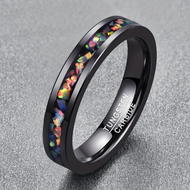 Custom Logo 4MM Width Tungsten Carbide Ring Black Plated Fire Opal Tungsten Rings for Women Men Fashion Jewelry