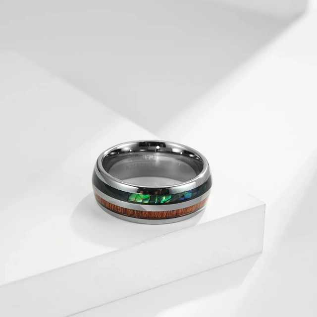 Wholesale Fashion Jewelry Tungsten Ring Abalone Shell Blue Opal Koa Wood Inlay for Men Women Engagement Wedding Band