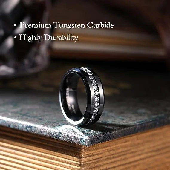 8mm Black Tungsten Carbide Wedding Band for Men Women Comfort Fit Cubic Zirconia Stone Inlay Engagement Gift Party Anniversary