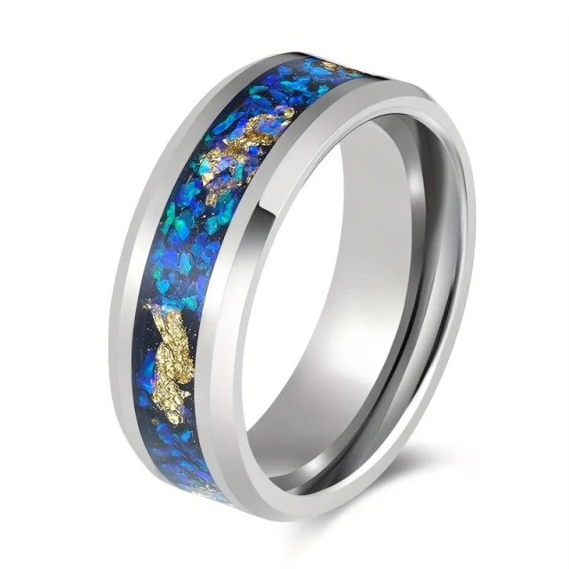 Fashion Polished Gold Leaf Blue Opal Sand Stone Men Wedding Ring Inlay Silver Color Tungsten Rings