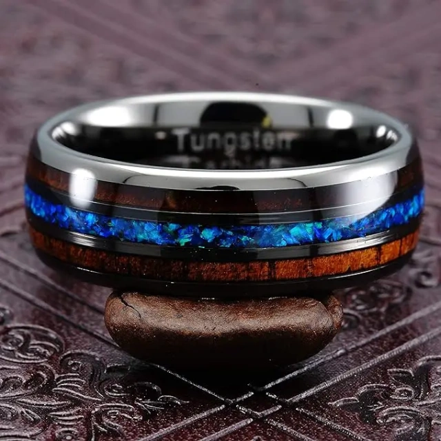 Ouyuan Jewelry Wholesale Price Hawaii Koa Wood and Blue Opal Inlay Tungsten Carbide Ring Men Fashion Rings