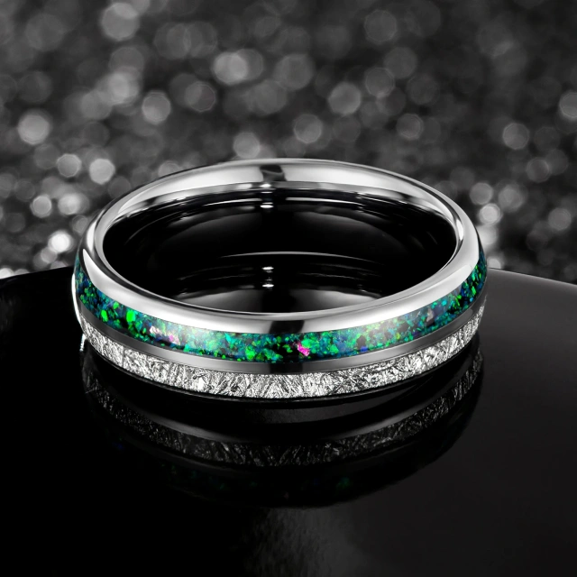 Ouyuan Jewely Plate Gold Tungsten Carbide Wedding Band Inlay Meteorite 8mm Domed Comfort Fit