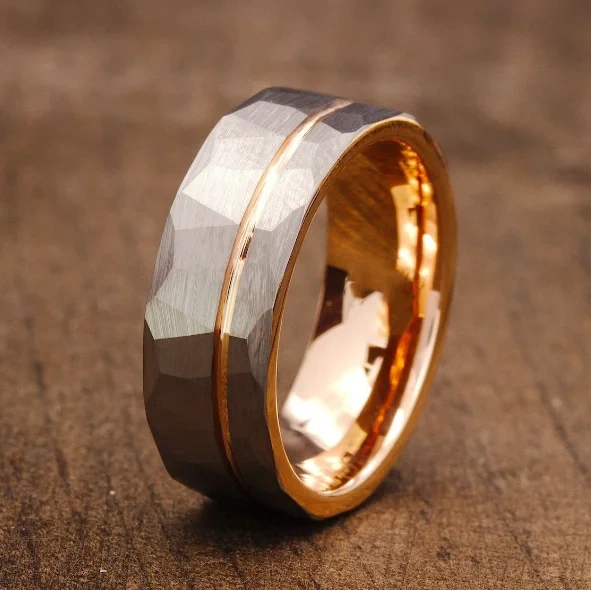 8mm Vintage Tungsten Carbide Band for Men Rose Gold Hammered Comfort Fit Ring with Inlay Geometric Shape and Gold Plating