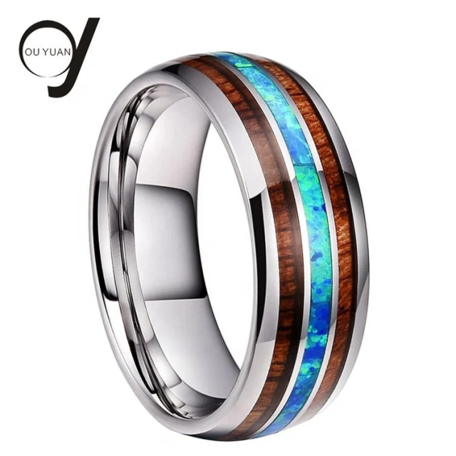 Unisex Blue Fire Opal and Koa Wood Tungsten Ring Mens Bands Opal With Dome Party Needs