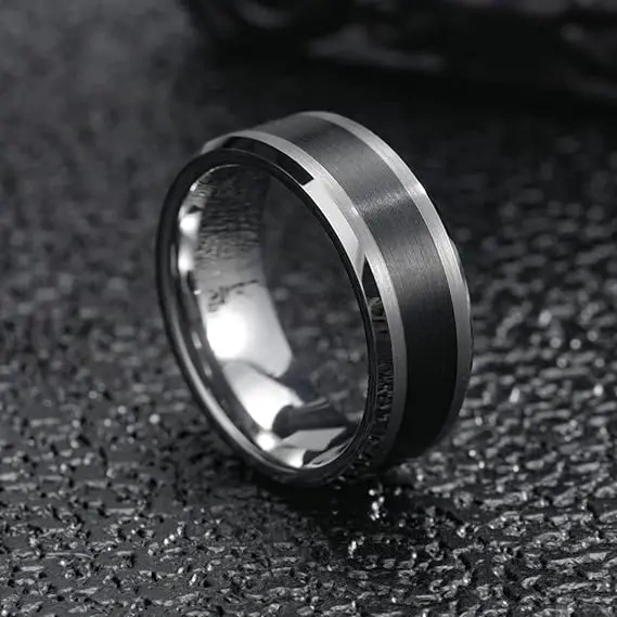 8MM Fashion Jewelry Silver Brushed Finish and Black Center Beveled Edge Wedding Rings Men Tungsten Rings Gift