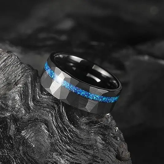 Wholesale Fashion Rings Jewelry 8mm Tungsten Rings for Men Blue Opal Inlay Brushed Hammered Promise Rings