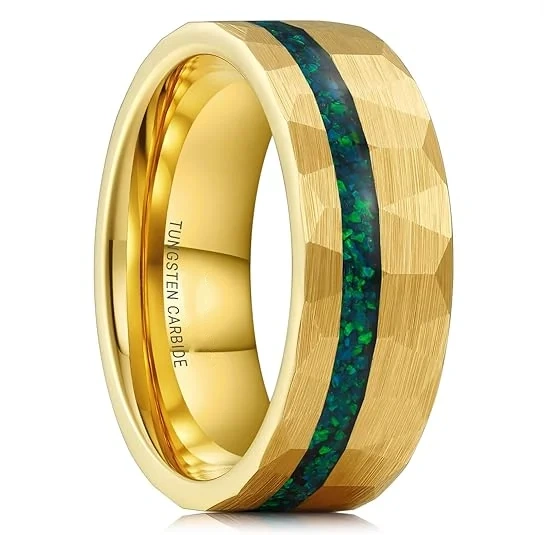 8mm Opal Inlay Hammered 18K Gold Tungsten Ring for Men Women Fashion Wedding Band Promise Rings Comfort Fit
