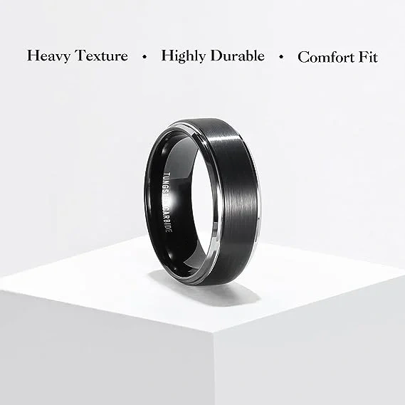 Fashion Jewelry Luxury Black Silver Brushed Tungsten Carbide Rings Gold Step Edge Tungsten Men Ring for Wedding Engagement