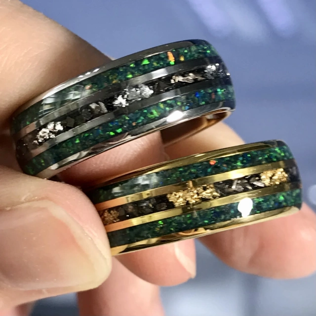 Fashion Jewelry 8mm Green Opal Meteorite Inlay Silver 18K Gold Wedding Ring Tungsten Ring Men Rings comfort Fit