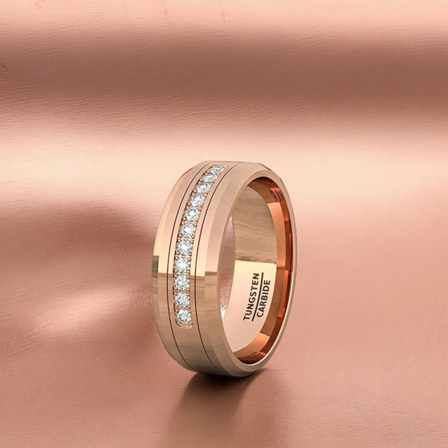 8mm Luxury High Quality Diamond Stone Tungsten Ring Comfort Fit Bevel Edge Rose Gold for Men Fashion Rings
