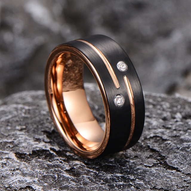 Wholesale Jewelry Rings 8mm Black and Rose Gold 18K Couple Tungsten Ring Wedding Band Cz Stone Grooved Pipe Cut Brushed