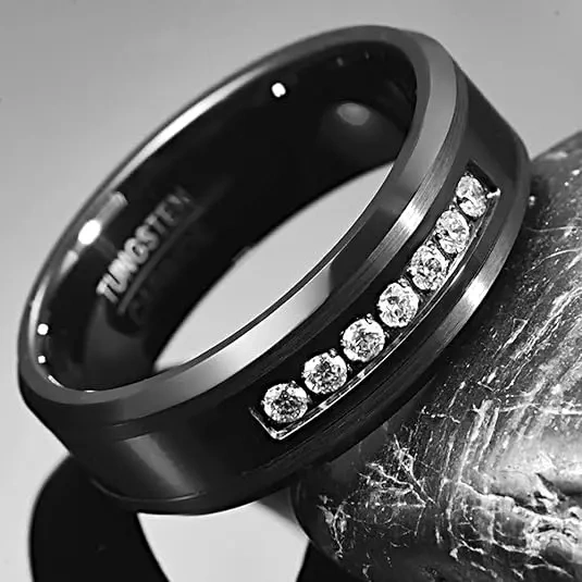 Ouyuan Jewelry 8mm Wholesale Men Women Engagement Eternity Wedding Band CZ Stone Inlay All Around Black Tungsten Carbide Ring