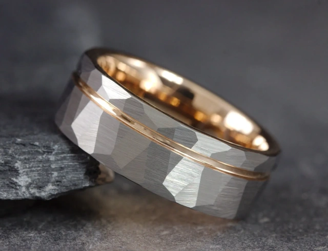 8mm Vintage Tungsten Carbide Band for Men Rose Gold Hammered Comfort Fit Ring with Inlay Geometric Shape and Gold Plating