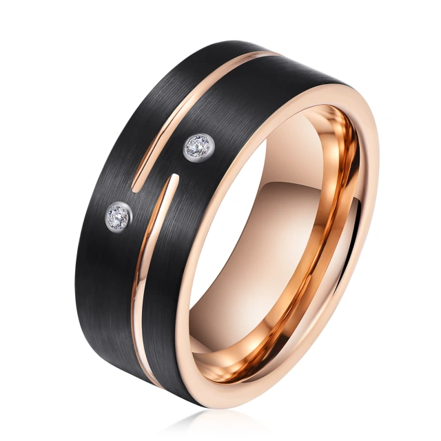 Wholesale Jewelry Rings 8mm Black and Rose Gold 18K Couple Tungsten Ring Wedding Band Cz Stone Grooved Pipe Cut Brushed