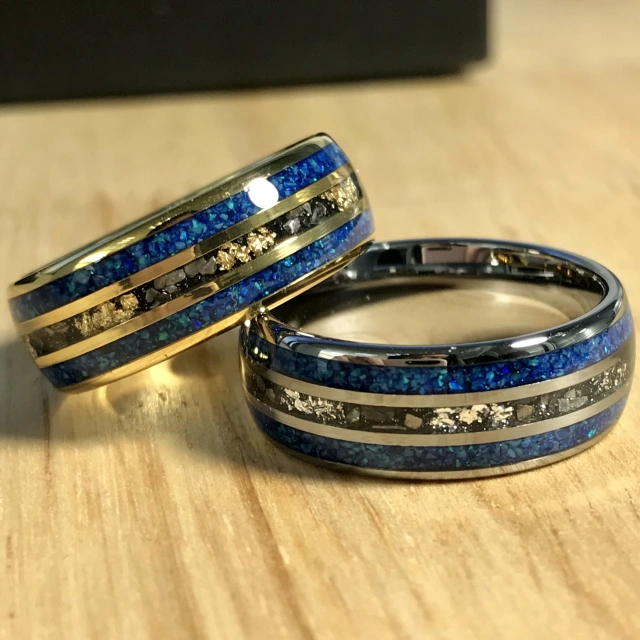 Hot Sale 8mm Blue Opal Meteorite Inlay Silver Gold Plated Tungsten Ring Men Rings Women Wedding Band Rings comfort Fit