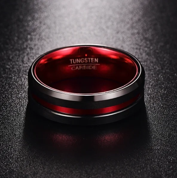 8mm Width Black Red Tungsten Steel Men Ring for Boys Red Line Grooved Tungsten Men Ring in Red and Black Color