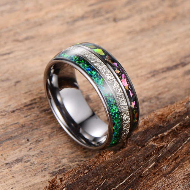 Ouyuan Hardware Jewelry RTS 6mm Wedding Band Rings Men Inlay Opal Black Men Tungsten Carbide Ring comfort Fit