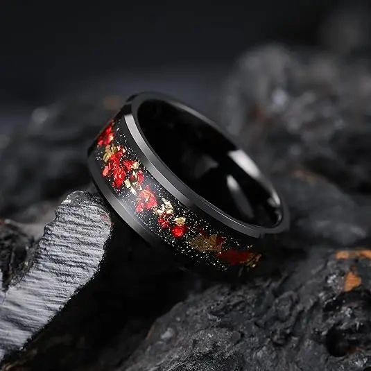 Ouyuan Jewelry Factory Price Bevel Edges Black Sandstone Gold Foils Zirconium Black Ring for Men Tungsten Wedding Rings