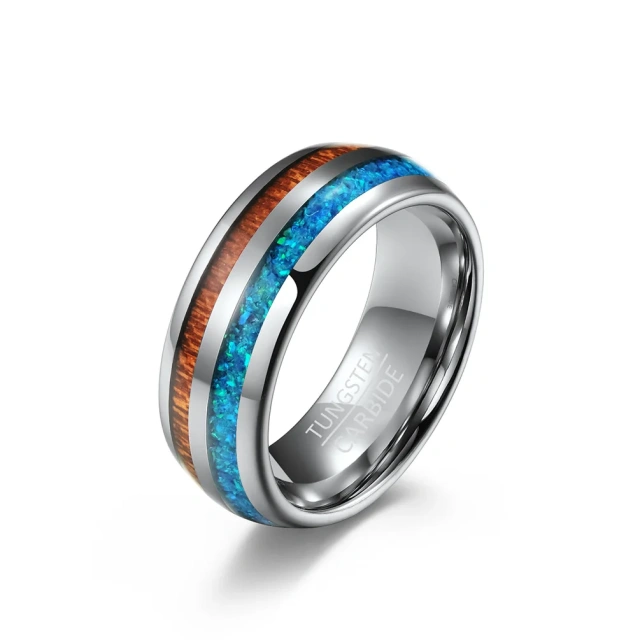 Wholesale Fashion Jewelry Tungsten Ring Abalone Shell Blue Opal Koa Wood Inlay for Men Women Engagement Wedding Band