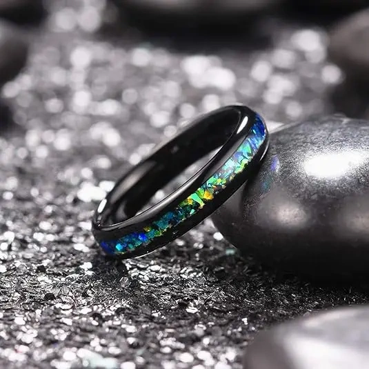 Luxury 4mm High Polished Men and Women Ring Inlay Dark Blue Opal Tungsten Carbide Ring Rose Gold Plated Opal Rings