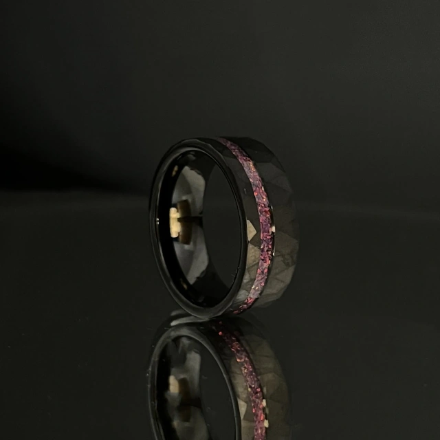 Dainty 8mm Raw Red Natural Stone Black Hammered Tungsten Fire Opal Ring for Men