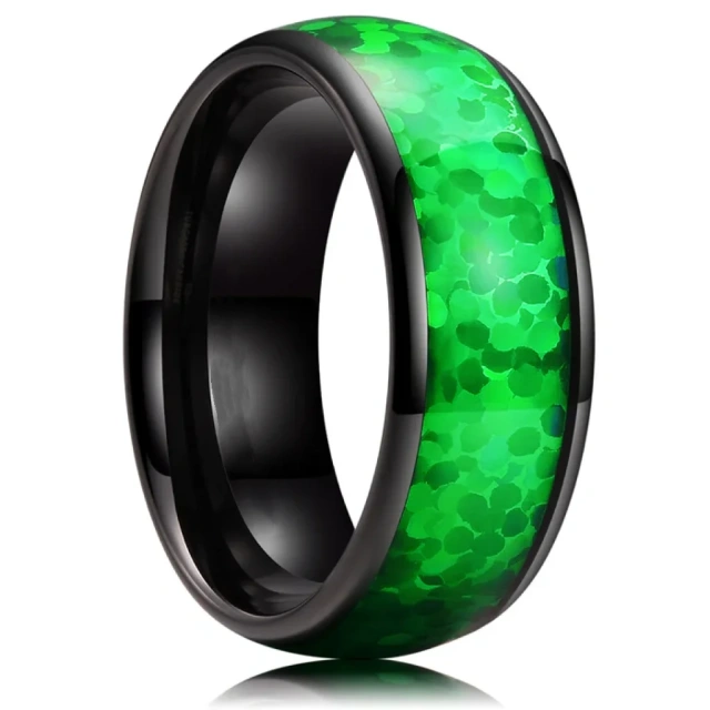 Fine Jewelry 8mm High Polished Green Opal Sticker Inlay Black Tungsten Ring for Men Women Wedding Band Domed Style