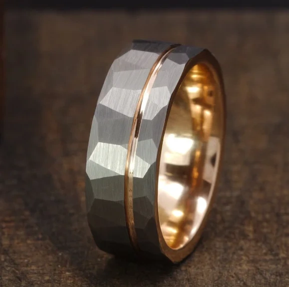8mm Vintage Tungsten Carbide Band for Men Rose Gold Hammered Comfort Fit Ring with Inlay Geometric Shape and Gold Plating