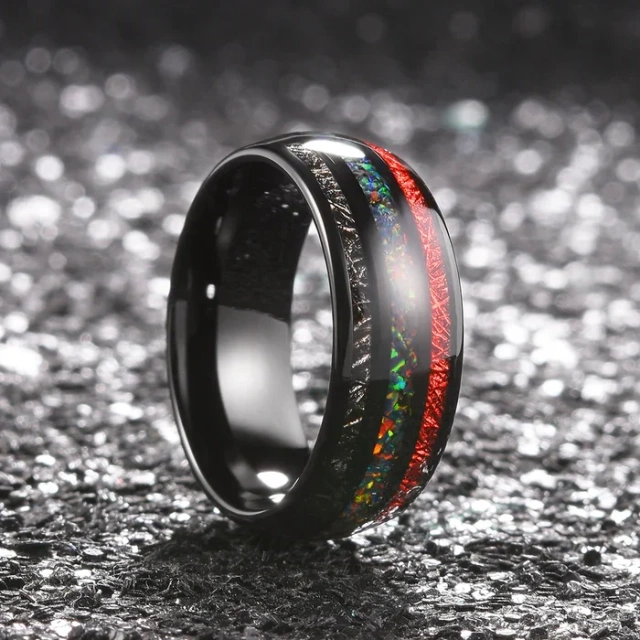 Custom Fashion Jewelry Rings 8mm Black Tungsten Rings for Men Red Opal Meteor Sticker Inlay Couple Engagement Wedding Band