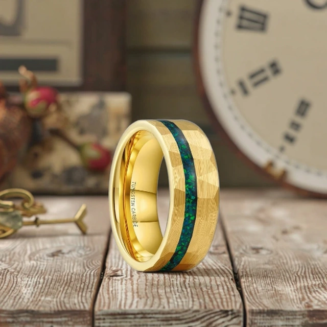 8mm Opal Inlay Hammered 18K Gold Tungsten Ring for Men Women Fashion Wedding Band Promise Rings Comfort Fit