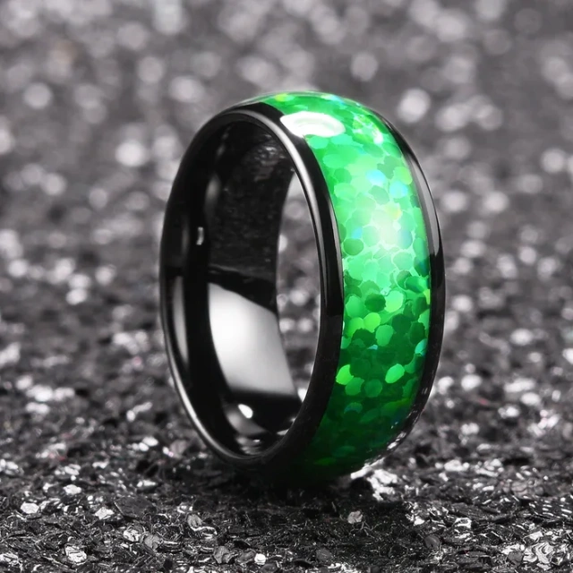 Fine Jewelry 8mm High Polished Green Opal Sticker Inlay Black Tungsten Ring for Men Women Wedding Band Domed Style