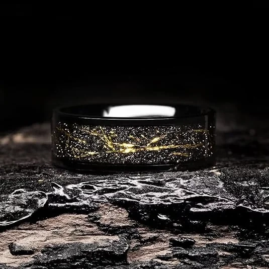 Hot Sale Fashion Men Rings 8mm Sliver Gold Foils Inlay Black Plated Tungsten Ring for Man Wedding Ring