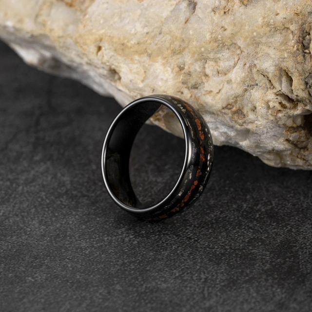 Ouyuan Factory Fine Jewelry 8mm Dinosaur Stone Meteorite Inlay Black Plated Tungsten Ring for Men Engagement Wedding Band