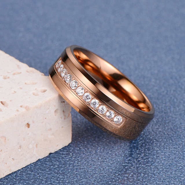 Fashion Rings Jewelry Wholesale 8mm Rose Gold Plated Stone Inlay Tungsten Ring for Men Women Engagement Wedding Band
