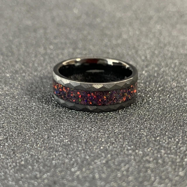 Custom Wedding Ring Gold Plated Couple Wedding Band Hammered White Black Fire Opal Tungsten Ring Couple Ring