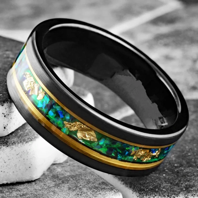 Black Tungsten Green Emerald Ring Malachite Gold Leaf Inlay Flat Gold Line Wedding Band for Men
