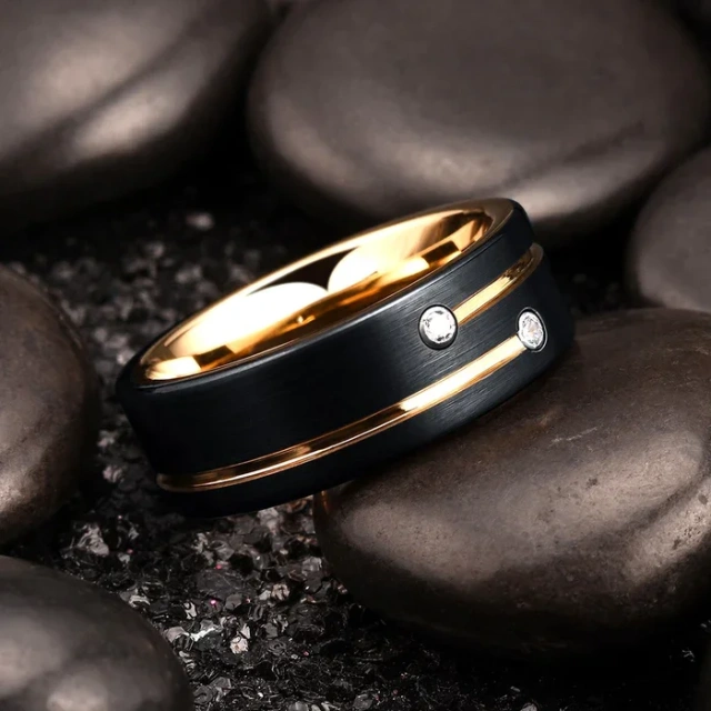 Wholesale Custom Jewelry Rings 8mm Black and Gold 18K Couple Tungsten Ring Wedding Band Cz Stone Grooved Pipe Cut