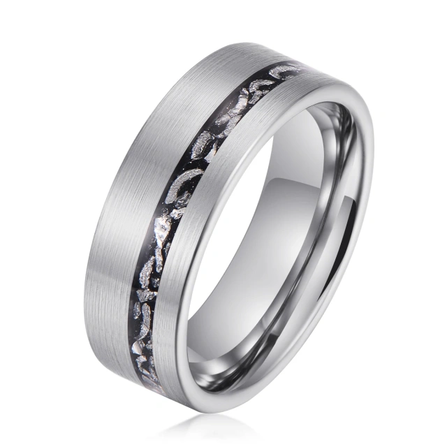 Guangzhou High Quality Fine Jewelry Rings Handmade Brushed Black Meteorite Inlay Silver Tungsten Ring for Men Women Rings