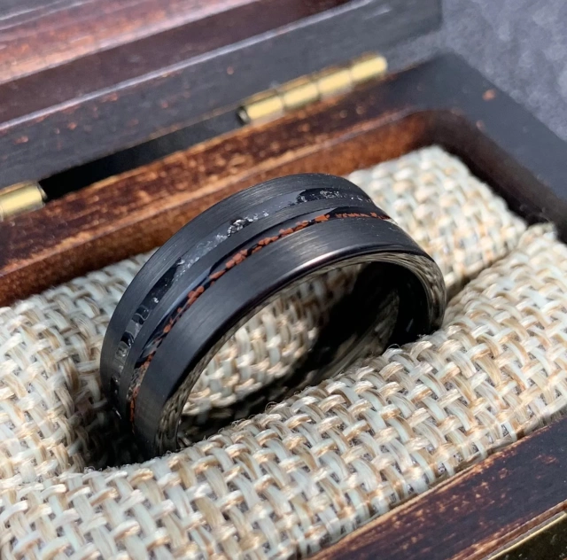 8mm Black Hammered Matte Finished Tungsten Meteorite Dinosaur Bone Inlay Wedding Ring for Men