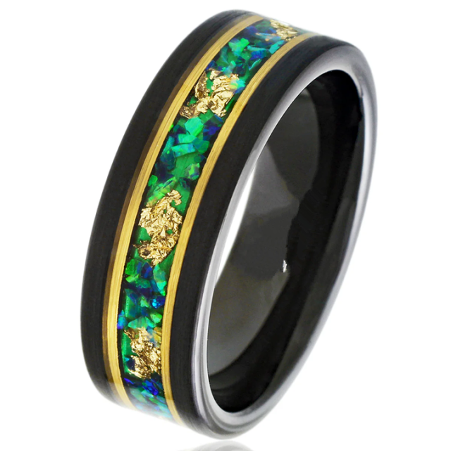 Black Tungsten Green Emerald Ring Malachite Gold Leaf Inlay Flat Gold Line Wedding Band for Men