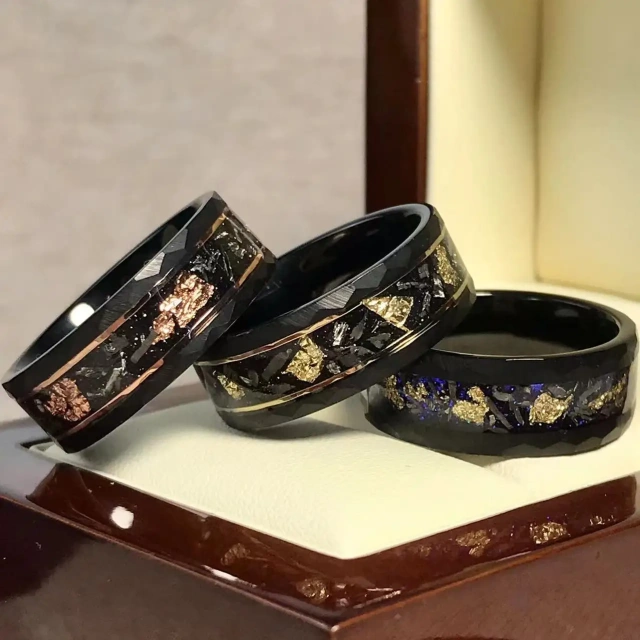 Newest Design Eternity 8mm Black Tungsten Carbide Hammered Matte Finished Meteorite Blue Opal Inlay Wedding Band for Men Rings