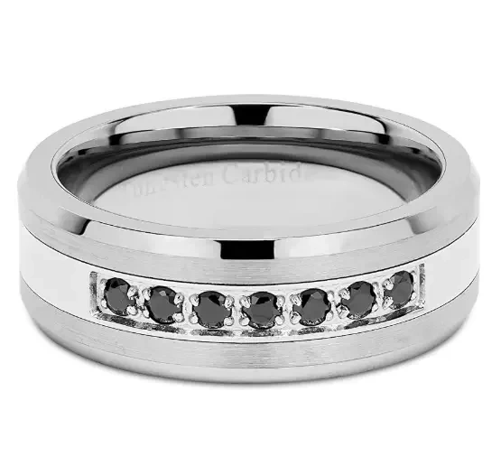 Luxury Guangzhou Jewelry Fashion Black Men Rings Inlay Stone Tungsten Carbide Rings Comfort Fit