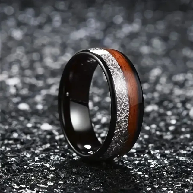 Fashion Men's Stainless Steel Ring Luxury Trendy 8mm Tungsten Carbide with Black Wood Inlay Black Plated Ring
