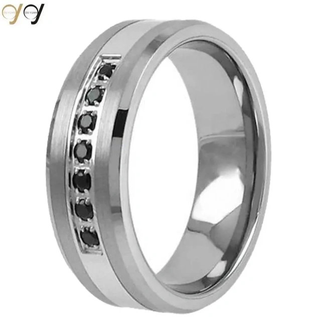 Luxury Guangzhou Jewelry Fashion Black Men Rings Inlay Stone Tungsten Carbide Rings Comfort Fit