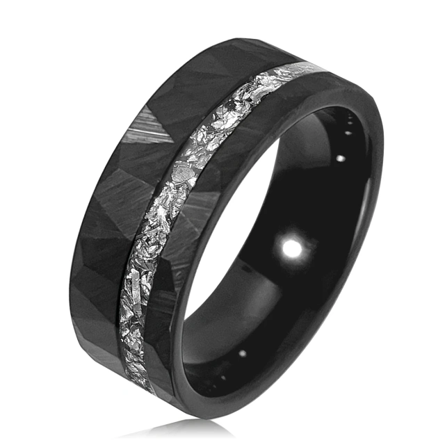 Wholesale 8mm Brushed Hammered Meteorite Shavings Inlay Black Tungsten Carbide Ring Engagement Wedding Band Gift